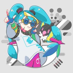 1girl 39 ^_^ aqua_hair beak bird blue-tinted_eyewear blue_gloves blue_hair chatot closed_eyes fingerless_gloves gen_4_pokemon gloves green_hair grey_background hair_ornament hairpin hatsune_miku jewelry long_hair multicolored_hair multiple_hairpins nintendo normal_miku_(project_voltage) pants pink_pants pinky_ring pointing pokemon pokemon_(creature) project_voltage saihate_(d3) shirt signature smile sunglasses teeth tinted_eyewear twintails v vocaloid white_shirt wings