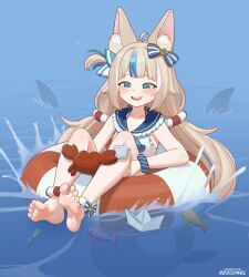 1girl animal_ears barefoot blue_eyes blue_hair brown_hair cat_ears feet fins fish fish_tail highres indie_virtual_youtuber lifebuoy long_hair multicolored_hair open_mouth rezodwel sameko_saba smile soles solo streaked_hair swim_ring tail toes virtual_youtuber water