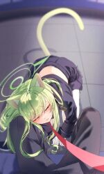 1girl animal_ear_fluff animal_ears blue_archive cat_ears cat_girl cat_tail gamum green_hair green_halo halo highres hikari_(blue_archive) leash pantyhose pointy_ears pov tail train_conductor white_pantyhose
