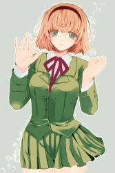 1girl blonde_hair blunt_bangs bow bowtie commentary_request draw2_(milkcrown) glasses green_eyes green_shirt green_skirt grey_background hairband highres hououji_fuu jewelry magic_knight_rayearth parted_lips pleated_skirt rimless_eyewear ring school_uniform shirt short_hair simple_background skirt solo
