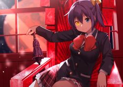 1girl absurdres bow bowtie chuunibyou chuunibyou_demo_koi_ga_shitai! colored_contact_lens frilled_skirt frills highres holding holding_umbrella moon purple_hair red_background red_bow red_bowtie school_uniform shine_sprite sitting sitting_on_throne skirt smug takanashi_rikka umbrella user_hegd7837 window