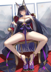 1girl absurdres animal_ears armchair azur_lane beads breasts brown_eyes chair cleavage facial_mark feet fox_ears fox_girl fur-trimmed_kimono fur_trim hand_on_own_chest heart heart-shaped_pupils highres japanese_clothes jewelry kimono kitsune knees_apart_feet_together large_breasts long_hair low_neckline luoloo magatama magatama_necklace musashi_(azur_lane) musashi_(violet_moonglow)_(azur_lane) nail_polish necklace panties purple_hair ribbon sitting solo string_panties string_pull symbol-shaped_pupils underwear very_long_hair