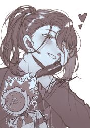 1boy 1girl clock collared_shirt dante_(limbus_company) earpiece fingerless_gloves fire full-stop_office_(identity)_(project_moon) gloves greyscale heart heterochromia highres hong_lu_(project_moon) limbus_company long_hair long_sleeves microphone monochrome necktie object_head open_mouth other_with_male ponytail project_moon shirt simple_background smile tokumei81894463