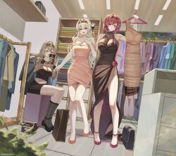 3girls :3 absurdres ankle_strap bag belly black_bag black_dress black_ribbon black_shoes black_shorts blue_pupils blush breasts brown_bag brown_hairband clothes_rack crop_top dress earrings eyewear_on_head firefly_(honkai:_star_rail) grey_hair hair_between_eyes hair_intakes hair_ornament hair_ribbon hairband handbag highres honkai:_star_rail honkai_(series) hoop_earrings jewelry kafka_(honkai:_star_rail) kneehighs large_breasts multicolored_eyes multiple_girls nannachu7 open_mouth orange_dress purple_eyes purple_hair ribbon shoes shorts single_earring sleeveless_turtleneck_dress smile socks stelle_(honkai:_star_rail) sunglasses trailblazer_(honkai:_star_rail) two-tone_eyes yellow_eyes