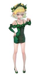1girl absurdres angry blonde_hair breasts commentary dress elf english_commentary flower frilled_dress frills full_body gemi_ningen green_dress green_eyes green_footwear hair_flower hair_ornament hand_on_own_hip highres long_sleeves looking_at_viewer off-shoulder_dress off_shoulder original pathfinder pencil_dress pointing pointing_down pointy_ears sharp_teeth short_hair simple_background small_breasts solo spaghetti_strap tattoo teeth white_background witch