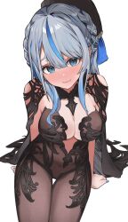 1girl alternate_costume amagai_ruka appleseed_(appleseed_art) arm_support asymmetrical_bangs beret black_bodysuit black_cape black_hat blue_eyes blue_hair blue_nails blush bodystocking bodysuit braid breasts cape chronopattern_dress cleavage commentary_request crown_braid ear_piercing from_above grey_hair hat highres large_breasts light_smile looking_at_viewer medium_hair piercing see-through_bodysuit see-through_clothes simple_background sitting solo thigh_gap virtual_youtuber weather_planet white_background
