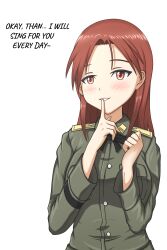 1girl blush breasts finger_to_mouth hattorin large_breasts long_hair military_uniform minna-dietlinde_wilcke red_eyes red_hair simple_background solo strike_witches white_background world_witches_series