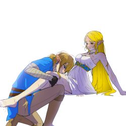 1boy 1girl aqua_eyes aqua_tunic barefoot big_egg526 black_gloves blonde_hair blush boots breasts brown_boots couple dress earrings fingerless_gloves gloves gold_necklace grey_pants hair_between_eyes hair_tie hetero highres jewelry kissing_thigh link long_dress long_hair low_ponytail medium_breasts necklace nintendo on_one_knee pants parted_bangs pointy_ears ponytail princess_zelda sidelocks strapless strapless_dress sweatdrop the_legend_of_zelda the_legend_of_zelda:_breath_of_the_wild tunic twitter_username wet white_background white_dress