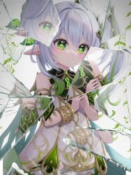 1girl bare_shoulders bloomers bracelet cape closed_mouth commentary detached_sleeves dress gem genshin_impact glass_shards gold_trim green_cape green_eyes green_gemstone green_hair green_sleeves hair_between_eyes hair_ornament highres jewelry kikudzuki_mikan leaf_hair_ornament long_hair looking_at_viewer multicolored_hair nahida_(genshin_impact) own_hands_together pointy_ears side_ponytail sleeveless sleeveless_dress smile solo star-shaped_pupils star_(symbol) steepled_fingers symbol-shaped_pupils underwear white_background white_bloomers white_dress white_hair