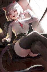 Rule 34 | 1girl, animal ear fluff, animal ears, attattya71756, belt, black belt, black skirt, black thighhighs, cat ears, cat girl, cat tail, collared shirt, couch, crossed legs, fang, grey hair, indoors, long sleeves, looking to the side, multicolored hair, necktie, neneko mashiro, on couch, open mouth, red eyes, red hair, red necktie, shirt, short hair, sitting, skirt, smile, solo, stellive, streaked hair, tail, thighhighs, virtual youtuber, white shirt