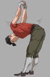 1boy ^^^ arms_behind_back arms_up bandaged_hand bandages baseball_cap belt black_belt black_hat black_shoes closed_eyes closed_mouth full_body grey_background grey_pants hand_wraps hat leaning_forward male_focus outstretched_arms pants red_scout_(tf2) red_shirt scout_(tf2) shirt shirt_tucked_in shoes short_sleeves simple_background socks solo stretching team_fortress_2 utmbug white_socks