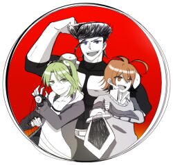 3boys akame_ga_kill! armor black_hair black_shirt blue_eyes brown_eyes brown_hair bulat circle coat fingerless_gloves flexing gloves green_eyes green_hair holding holding_sword holding_weapon kinako_(663318rannko) looking_at_viewer lubbock male_focus multiple_boys partially_colored red_circle shirt short_hair smile sweater_vest sword tatsumi_(akame_ga_kill!) thread weapon white_background