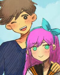 1boy 1girl ;d aubrey_(faraway)_(omori) aubrey_(omori) bad_id bad_twitter_id black_eyes black_sailor_collar blue_hairband blue_shirt blue_sky blush bow_hairband brown_eyes collarbone dark-skinned_male dark_skin day double-parted_bangs green_eyes hair_behind_ear hair_between_eyes hairband hand_on_another&#039;s_shoulder hatching_(texture) hero_(faraway)_(omori) hero_(omori) highres kokomi_(aniesuakkaman) long_hair looking_at_viewer no_sclera omocat_(style) omori one_eye_closed open_mouth outdoors pink_hair portrait sailor_collar shirt short_hair sky smile straight_hair teeth tongue upper_body upper_teeth_only v-neck very_short_hair