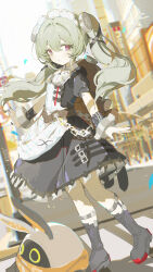 1girl absurdres apron bangboo_(zenless_zone_zero) black_boots black_dress black_nails boots closed_mouth coria corin_wickes dress floating_hair full_body green_hair highres knee_boots long_hair looking_at_viewer maid maid_apron maid_headdress outdoors short_sleeves solo standing twintails white_apron zenless_zone_zero