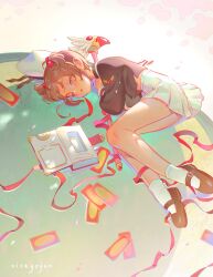 1girl beret black_shoes book brown_hair cardcaptor_sakura clow_card commentary english_commentary fetal_position fuuin_no_tsue hair_bobbles hair_ornament half-closed_eyes hat highres holding holding_scepter kinomoto_sakura lying miniskirt on_side open_book pleated_skirt red_ribbon ribbon scepter school_uniform shoes short_twintails signature skirt socks solo tomoeda_elementary_school_uniform twintails unworn_hat unworn_headwear vickypyon white_hat white_skirt white_socks