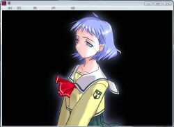 Rule 34 | 1990s (style), 1girl, ascot, black background, blue eyes, blue hair, buttons, collarbone, commentary, expressionless, glowing, green skirt, high-waist skirt, long eyebrows, long sleeves, looking at viewer, niyemiiii, pleated skirt, red ascot, retro artstyle, sailor collar, school uniform, serafuku, shirt, shizuku (game), short bangs, short hair, skirt, solo, tsukishima ruriko, upper body, white sailor collar, yellow shirt