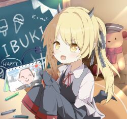 1girl black_coat black_dress black_horns black_ribbon black_tail black_wings blonde_hair blue_archive bright_pupils carpet chalkboard coat collared_shirt crayon demon_horns demon_tail demon_wings doodle_sensei_(blue_archive) dress english_text from_side hair_ribbon highres holding holding_crayon holding_sketchbook horns ibuki_(blue_archive) indoors kazura long_hair long_sleeves low_wings neck_ribbon off_shoulder open_mouth pinafore_dress pointy_ears ponytail red_ribbon ribbon sensei_(blue_archive) shirt sitting sketchbook sleeveless sleeveless_dress sleeves_past_fingers sleeves_past_wrists solo stuffed_animal stuffed_toy table tail teddy_bear v-shaped_eyebrows white_pupils white_shirt wings yellow_eyes