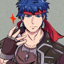 1boy absurdres adjusting_clothes adjusting_gloves blue_eyes blue_hair commentary cosplay fingerless_gloves fire_emblem fire_emblem:_radiant_dawn gloves headband highres ike_(fire_emblem) jewelry karbuitt looking_at_viewer majutsushi_orphen male_focus necklace nintendo orphen orphen_(cosplay) red_headband short_hair solo upper_body