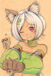 1girl absurdres animal_ears blush bob_cut cat_ears chou_megami_shinkou_noire_gekishin_black_heart cracking_knuckles dark_skin hair_ornament hairclip head_tilt highres isaki_tanaka moruu neptune_(series) one_eye_closed painting_(medium) signature smile solo_focus tail traditional_media watercolor_(medium) white_hair