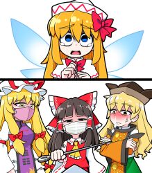 4girls anger_vein ascot black_hair blonde_hair blue_eyes blush bow brown_headwear commentary_request dress green_skirt hair_bow hair_tubes hakurei_reimu hat hat_ribbon highres lily_white long_hair mask matara_okina mob_cap mouth_mask multiple_girls red_bow red_ribbon ribbon ribbon-trimmed_sleeves ribbon_trim sick sidelocks simple_background skirt solidus_(sword_cube) surgical_mask tabard tearing_up touhou white_background white_dress white_headwear yakumo_yukari yellow_ascot