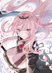 1girl absurdres black_dress black_tiara blush breasts cherry_blossoms cleavage dress falling_petals from_above hair_lift highres hololive hololive_english huge_breasts kamiya_maneki long_hair mori_calliope petals pink_eyes pink_hair signature simple_background smile solo spiked_cape tiara twitter_username virtual_youtuber white_background