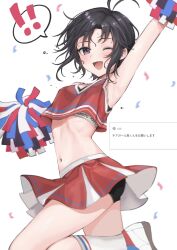 ! !! 1girl absurdres aburi-gatana antenna_hair armpits black_hair blush breasts character_name cheerleader confetti crop_top detached_sleeves highres holding holding_pom_poms kikuchi_makoto midriff navel odaibako one_eye_closed open_mouth pom_pom_(cheerleading) pom_poms purple_eyes red_eyes request_inset shoes short_hair simple_background sleeveless smile socks solo spoken_exclamation_mark sweat white_background white_shoes white_socks