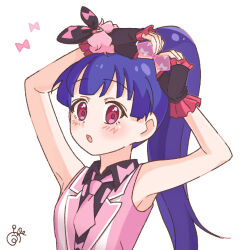 1girl :o arm_up black_shirt blue_hair collared_shirt fingerless_gloves frilled_gloves frills gloves high_ponytail jacket long_hair looking_at_viewer necktie ooruri_ayami pink_jacket pink_necktie ponytail portrait pretty_rhythm pretty_rhythm_dear_my_future pretty_series red_eyes shirt signature simple_background sleeveless sleeveless_jacket sleeveless_shirt solo unopre white_background wristband