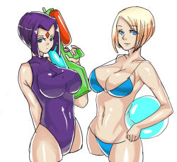 2girls animification beach_boy_(stand) blonde_hair blue_eyes bob_cut breasts cleavage cowboy_shot cropped_legs dc_comics facial_mark forehead_mark kryptonian large_breasts multiple_girls one-piece_swimsuit parted_bangs power_girl purple_hair raven_(dc) short_hair smile strap_gap super_soaker swimsuit teen_titans water_gun zxc