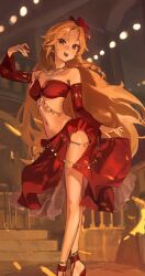 1girl absurdres anklet bandeau blonde_hair bow braid breasts commission dancer dancing detached_sleeves feet_out_of_frame floating_hair gold_anklet hair_bow hand_up highres indoors jewelry large_breasts logknn long_hair looking_at_viewer mole mole_under_eye navel necklace open_mouth original pink_eyes red_bandeau red_bow red_sandals red_skirt red_sleeves sandals single_braid skirt smile solo standing teeth upper_teeth_only very_long_hair wide_sleeves