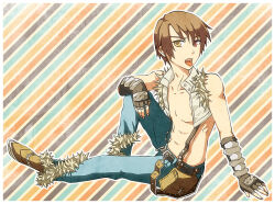 1boy belt belt_pouch black_belt black_gloves blue_background blue_pants brown_shoes commentary_request crop_top fingerless_gloves full_body fur-trimmed_pants fur-trimmed_shirt fur_trim gloves heterochromia looking_at_viewer male_focus oki_(okazu8) open_clothes open_mouth open_shirt orange_background pants pouch ragnarok_online red_eyes shirt shoes short_hair sitting sleeveless sleeveless_shirt solo striped_background suspenders tongue tongue_out vambraces white_shirt whitesmith_(ragnarok_online) yellow_eyes