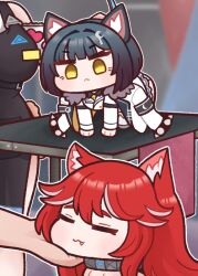 3girls :&lt; all_fours animal_ears apron black_hair blunt_bangs boryeon_(last_origin) breasts bulga chibi collar dog_ears dog_girl fang fenrir_(last_origin) hair_ornament hand_on_another&#039;s_chin jacket large_breasts last_origin multiple_girls name_tag open_clothes open_jacket red_hair short_hair sticker table vargr_(last_origin) wolf_ears wolf_girl yellow_eyes