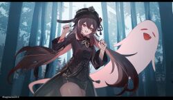 1girl black_headwear black_nails black_shirt black_shorts boo_tao_(genshin_impact) brown_hair commentary_request cowboy_shot forest genshin_impact grin highres hu_tao_(genshin_impact) kukatsuma letterboxed long_hair long_sleeves looking_at_viewer nail_polish nature outdoors red_eyes shirt short_shorts shorts smile solo standing thighs twintails very_long_hair