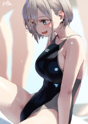 3girls :d black_one-piece_swimsuit blue_eyes blurry blurry_background breasts collarbone commentary_request competition_swimsuit ear_piercing fang grey_hair hair_between_eyes highleg highleg_one-piece_swimsuit jonsun large_breasts multiple_girls one-piece_swimsuit open_mouth original piercing riku_(jonsun) short_hair signature sitting skin_fang smile solo_focus swimsuit thighs wet wet_hair