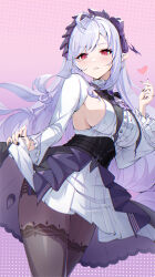 1girl absurdres ahoge ascot black_nails black_pantyhose breasts center_frills commentary dress drill_hair finger_heart frills gem gradient_background hairband heart highres kumo33 large_breasts long_hair looking_at_viewer mole mole_under_eye multicolored_hair nail_polish pantyhose parted_lips patterned_legwear pointy_ears purple_ascot purple_background purple_gemstone purple_hair purple_hairband red_eyes shrug_(clothing) sideboob skirt_hold sleeveless sleeveless_dress solo streaked_hair vivian_(zenless_zone_zero) white_dress white_hair white_shrug zenless_zone_zero