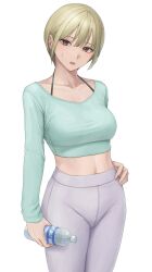 1girl ano_(gccx8784) bottle bra_strap breasts brown_hair commentary_request high-waist_pants highres holding holding_bottle large_breasts long_sleeves looking_at_viewer midriff navel_peek open_mouth original pants purple_eyes short_hair solo sweat tight_clothes tight_pants tomboy water_bottle yoga_pants