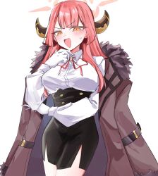 1girl aru_(blue_archive) black_skirt blue_archive blush breasts highres horns long_hair mi_ga open_mouth orange_eyes red_hair shirt simple_background skirt smile solo sweatdrop white_background white_shirt