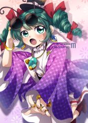 1girl :o alternate_hairstyle antennae blue_gemstone blush bow bracelet coat commentary_request cosplay dress drill_hair earrings eyewear_on_head gem green_eyes green_hair hat hat_bow highres jewelry looking_at_viewer multiple_rings namino. necklace open_clothes open_coat open_mouth pendant pink_background purple_coat red_bow ring round_eyewear short_hair solo sunglasses top_hat touhou twin_drills upper_body white_bow white_dress wriggle_nightbug yorigami_jo&#039;on yorigami_jo&#039;on_(cosplay)