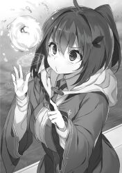 1girl ahoge breasts bursting_breasts buta_koushaku closed_mouth cowboy_shot greyscale hair_between_eyes hair_ornament hairpin holding holding_wand hood hood_down hooded_robe huge_breasts long_sleeves looking_up magic magic_circle medium_hair monochrome nauribon o3o open_hand polka_dot ponytail robe school_uniform short_ponytail solo spread_fingers standing sweat sweatdrop tented_shirt tina_(buta_koushaku) wand water