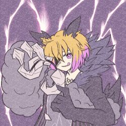 1girl animal_ears black_dress blonde_hair claws coat don_quixote_(project_moon) dress e.g.o_(project_moon) electric_screaming_(e.g.o) electricity fur_trim highres horns limbus_company looking_at_viewer multicolored_hair project_moon purple_background purple_coat purple_eyes purple_hair sheep_horns short_hair simple_background solo standing tail telepole_(e.g.o) teryaa125 tongue tongue_out upper_body wolf_ears wolf_tail wool