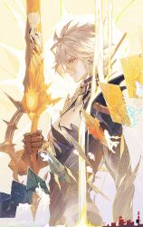 1boy alternate_form antenna_hair aoma_(xuanzexuexi) blonde_hair card chinese_commentary closed_mouth commentary_request cracked_skin dripping frown gauntlets hair_between_eyes hand_up highres holding holding_sword holding_weapon honkai:_star_rail honkai_(series) liquid_gold male_focus material_growth multicolored_hair phainon_(honkai:_star_rail) profile serious short_hair single_gauntlet solo sword v-shaped_eyebrows weapon white_hair yellow_eyes