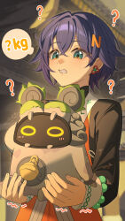 1girl ? bangboo_(zenless_zone_zero) belle_(delicate_daylight)_(zenless_zone_zero) belle_(zenless_zone_zero) black_shirt blue_hair clenched_teeth commentary_request green_eyes hair_ornament highres letter_hair_ornament long_sleeves official_alternate_costume shirt so_zei_tama_tama solo teeth trembling zenless_zone_zero