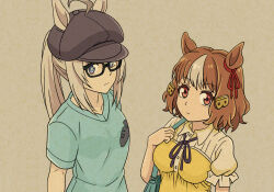 2girls a-king ahoge animal_ears bag belno_light_(umamusume) bespectacled black-framed_eyewear black_hat black_ribbon blue_eyes blue_shirt brown_eyes brown_hair carrying casual closed_mouth collared_shirt commentary ears_through_headwear flat_cap frilled_shirt frills glasses grey_hair hair_ornament hair_through_headwear handbag hat horse_ears horse_girl letter_hair_ornament light_frown long_hair multicolored_hair multiple_girls neck_ribbon oguri_cap_(umamusume) ponytail ribbon shirt short_sleeves t-shirt two-tone_hair umamusume umamusume:_cinderella_gray white_hair yellow_shirt