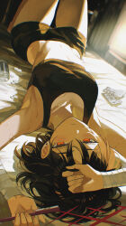 1girl absurdres armpits arms_up bandaged_wrist bandages black_shorts blue_archive breasts brown_hair closed_mouth commentary_request crop_top earrings halo highres holding indoors jewelry light_blush looking_at_viewer lying maria_(maria_rose) medicine medium_breasts midriff misaki_(blue_archive) navel on_back pill pill_bottle red_eyes red_halo short_hair short_shorts shorts solo stud_earrings sweat thighs upside-down