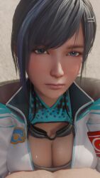 1boy 1girl 3d animated black_hair blue_eyes blue_hair breasts cleavage clothed_female_nude_male dead_or_alive dead_or_alive_xtreme dead_or_alive_xtreme_venus_vacation highres jacket lazyprocrastinator looking_at_viewer looping_animation multicolored_hair nude open_clothes open_jacket outdoors pov reika_(doa) streaked_hair swimming_goggles swimsuit tagme thigh_sex video