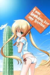 1girl absurdres ass bare_shoulders blonde_hair bracelet butt_crack cactus cloud desert female_focus green_eyes hata_kenjirou hayate_no_gotoku! highres hitchhiking jewelry leaning_forward loli long_hair looking_at_viewer looking_back midriff outdoors panties sanzen&#039;in_nagi shiny_clothes shiny_skin shirt side-tie_panties sign sky solo strap_slip sun t-shirt tears twintails underwear very_long_hair