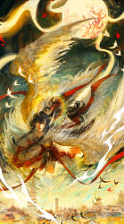 Rule 34 | 1girl, absurdres, angel, angel wings, architecture, black hair, building, chinese clothes, chongjiu yi kuang yan, city, coral, crown, dress, east asian architecture, expressionless, feathered wings, flock, flying, full body, full moon, gold crown, hair between eyes, hair ornament, hairclip, head wings, highres, light particles, lipstick, long dress, long hair, lustrous halo (shining nikki), makeup, moon, multiple wings, nikki (series), parted lips, ponytail, red dress, red lips, red ribbon, ribbon, shining nikki, skyscraper, solo, white wings, wings, yellow eyes, yuyan (shining nikki)