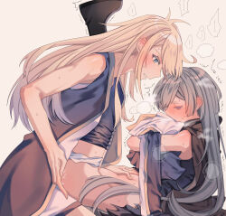 2girls absurdres black_necktie blonde_hair blush breasts brown_necktie closed_eyes clothed_sex collared_dress commentary_request dress duel_monster emptyayya fingering grey_hair head_steam highres long_hair long_sleeves multiple_girls necktie pussy_juice simple_background sky_striker_ace_-_raye sky_striker_ace_-_roze sweat two-tone_dress yu-gi-oh! yuri