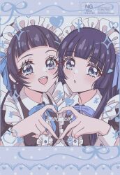 2girls :o alternate_costume aokaze_nana aoki_reika apron black_shirt blue_border blue_bow blue_bowtie blue_eyes blue_hair blue_theme blunt_bangs border bow bowtie buttons center_frills collared_shirt commentary_request dot_nose enmaided eyelashes frilled_apron frills hair_bow hair_ornament hairclip heart heart_hands heart_hands_duo highres in-franchise_crossover kimi_to_idol_precure letterboxed light_blush long_hair maid maid_day maid_headdress mochico_bb multiple_girls open_mouth parted_lips polka_dot_border precure puffy_short_sleeves puffy_sleeves shirt short_sleeves sidelocks smile smile_precure! sparkle straight_hair tareme teeth upper_body upper_teeth_only watermark white_apron white_wrist_cuffs wrist_cuffs x_hair_ornament