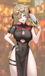 1girl :3 ahoge black_dress black_gloves blonde_hair blurry blurry_background braid breasts china_dress chinese_clothes cleavage cleavage_cutout clothing_cutout coin commentary_request covered_navel double_bun dress eyewear_on_head fingerless_gloves fur_trim gloves gold_trim hair_between_eyes hair_bun hair_over_one_eye hand_fan hand_on_own_hip hand_up head_tilt highres holding holding_fan kushinaka large_breasts looking_at_viewer low_twintails open_clothes outdoors pelvic_curtain purple_eyes short_hair side_slit single_braid single_fingerless_glove smile solo standing sweety_(zenless_zone_zero) thigh_strap tinted_eyewear twintails two-tone_dress underboob underboob_cutout zenless_zone_zero