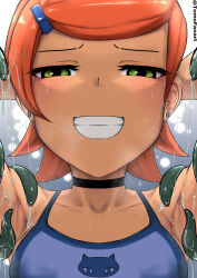 1girl absurdres armpits arms_behind_head ben_10 breasts choker crop_top ear_piercing earrings female_focus green_eyes grin gwen_tennyson hair_ornament hairclip highres jewelry loli looking_at_viewer nervous_smile orange_hair piercing short_hair slimy small_breasts smile solo stud_earrings swept_bangs teeth tentacles tomodachi_(tomofanart) upper_body